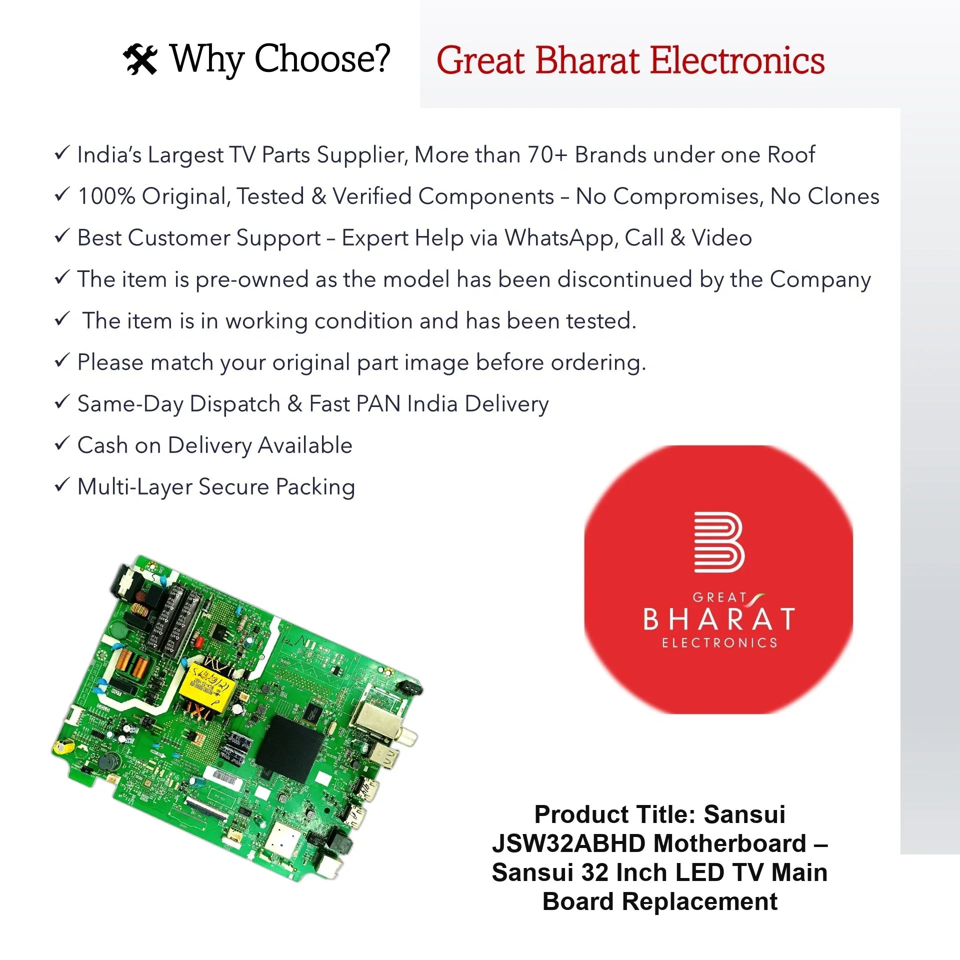 Sansui JSW32ABHD Motherboard – Sansui 32 Inch LED TV Main Board Replacement - Great Bharat Electronics