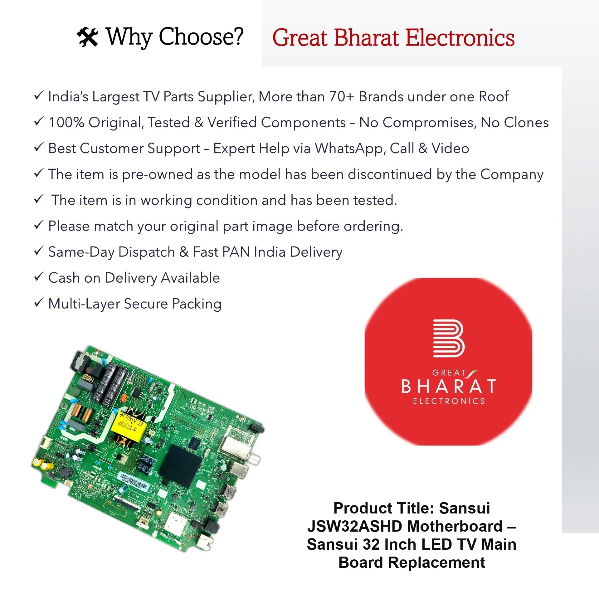 Sansui JSW32ASHD Motherboard – Sansui 32 Inch LED TV Main Board Replacement - Great Bharat Electronics