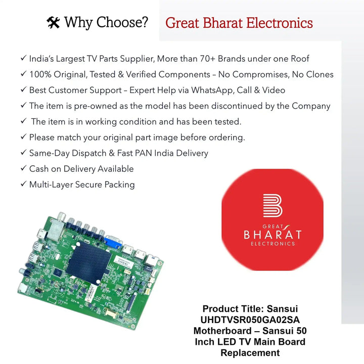 Sansui UHDTVSR050GA02SA Motherboard – Sansui 50 Inch LED TV Main Board Replacement - Great Bharat Electronics
