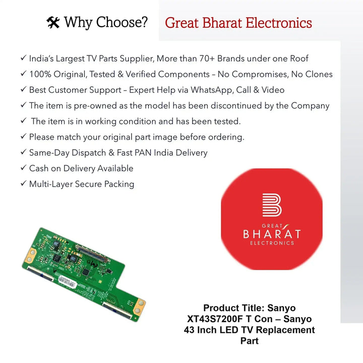 Sanyo XT43S7200F T-Con Board – Sanyo 43 Inch LED TV Replacement Part - Great Bharat Electronics