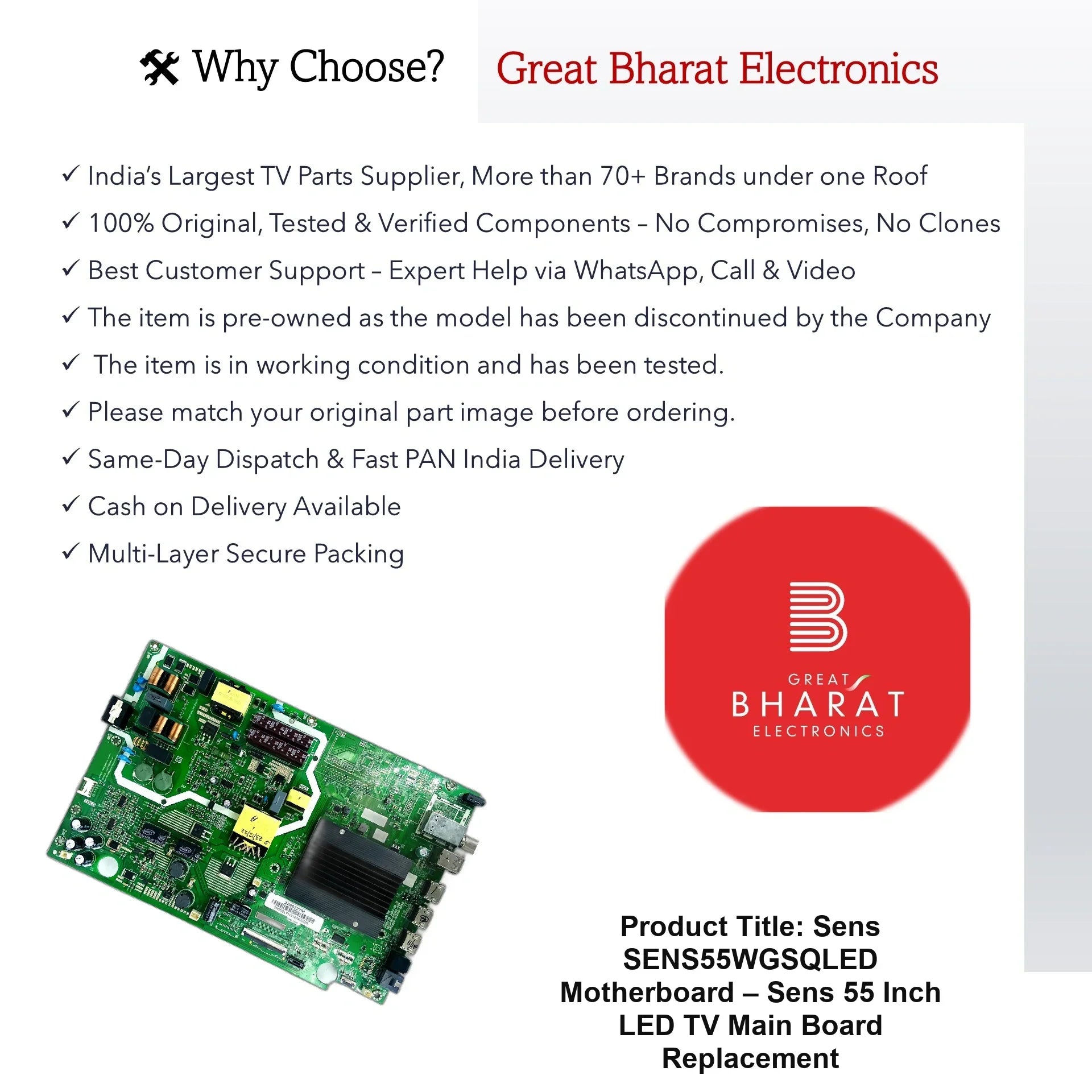 Sens SENS55WGSQLED Motherboard – Sens 55 Inch LED TV Main Board Replacement - Great Bharat Electronics