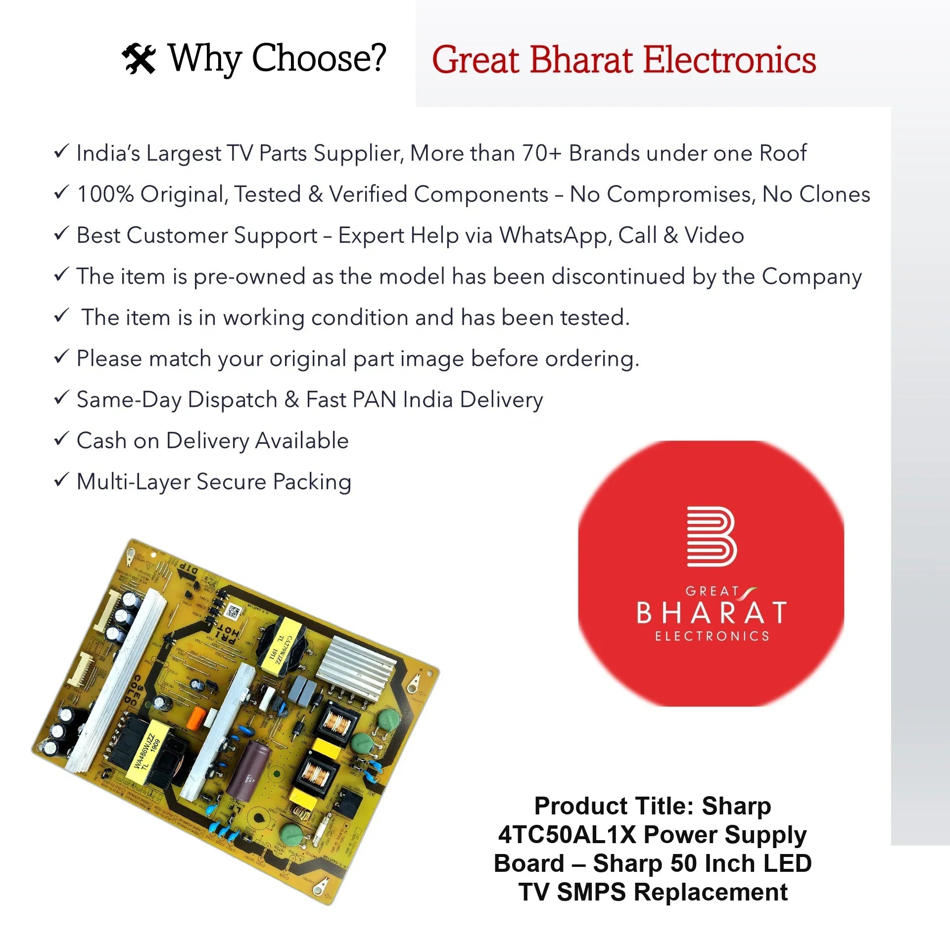 Sharp 4TC50AL1X Power Supply Board – Sharp 50 Inch LED TV SMPS Replacement - Great Bharat Electronics