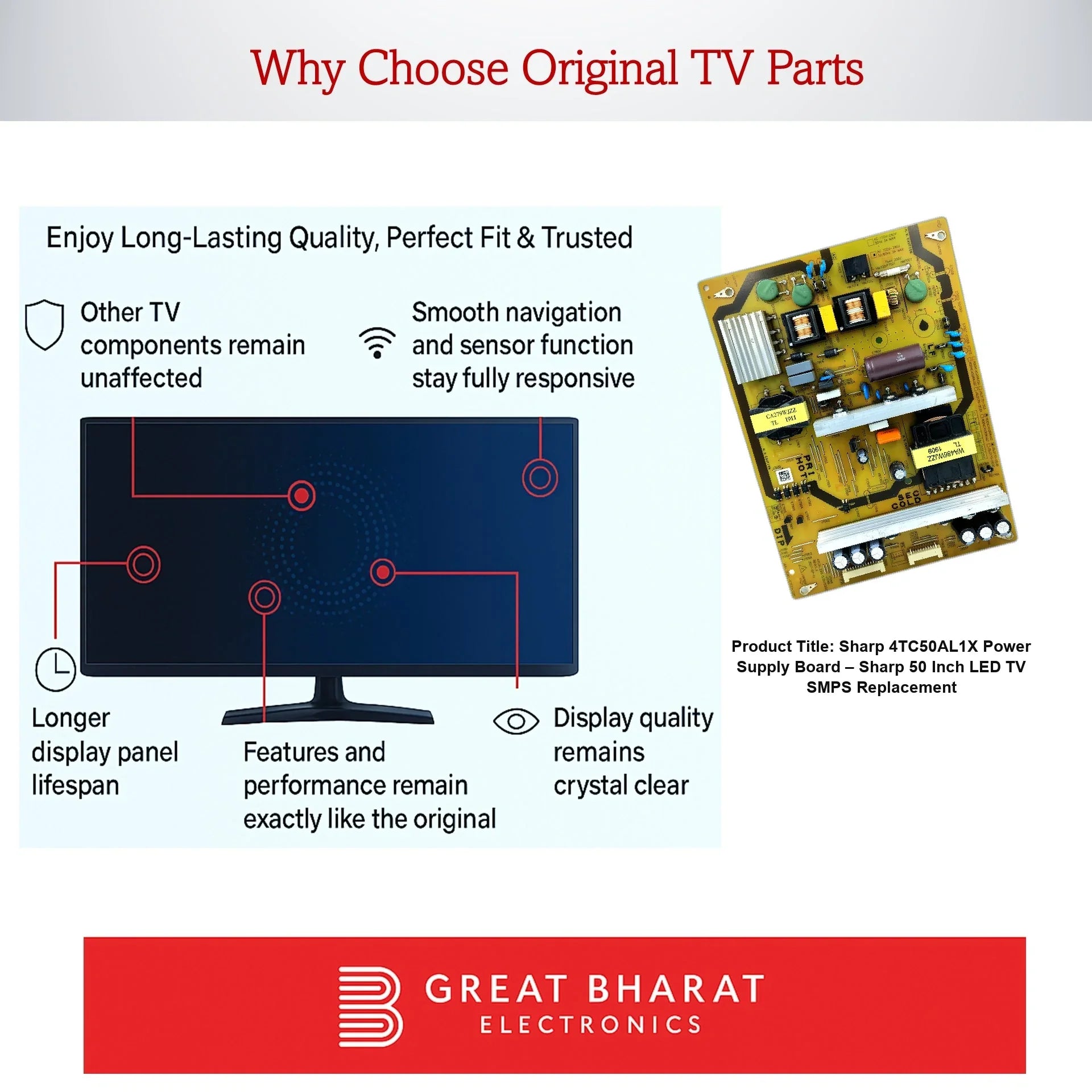 Sharp 4TC50AL1X Power Supply Board – Sharp 50 Inch LED TV SMPS Replacement - Great Bharat Electronics