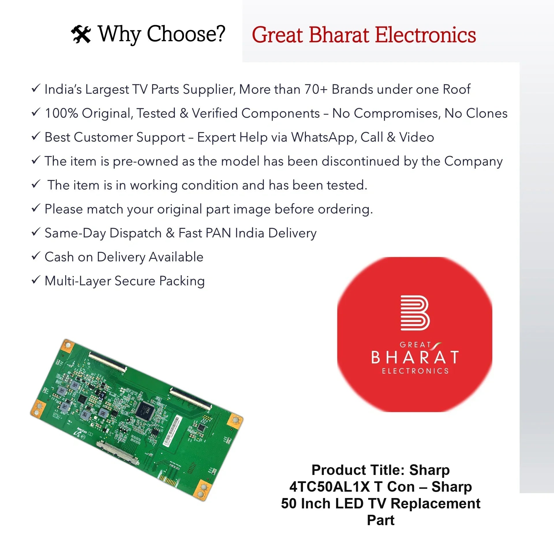 Sharp 4TC50AL1X T-Con Board – Sharp 50 Inch LED TV Replacement Part - Great Bharat Electronics