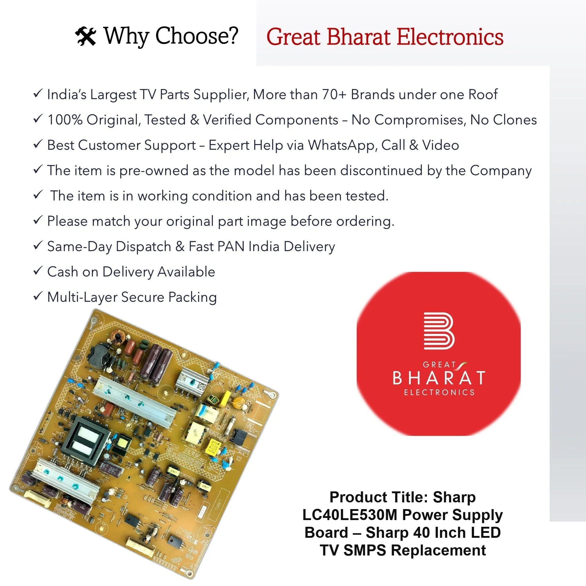 Sharp LC40LE530M Power Supply Board – Sharp 40 Inch LED TV SMPS Replacement - Great Bharat Electronics