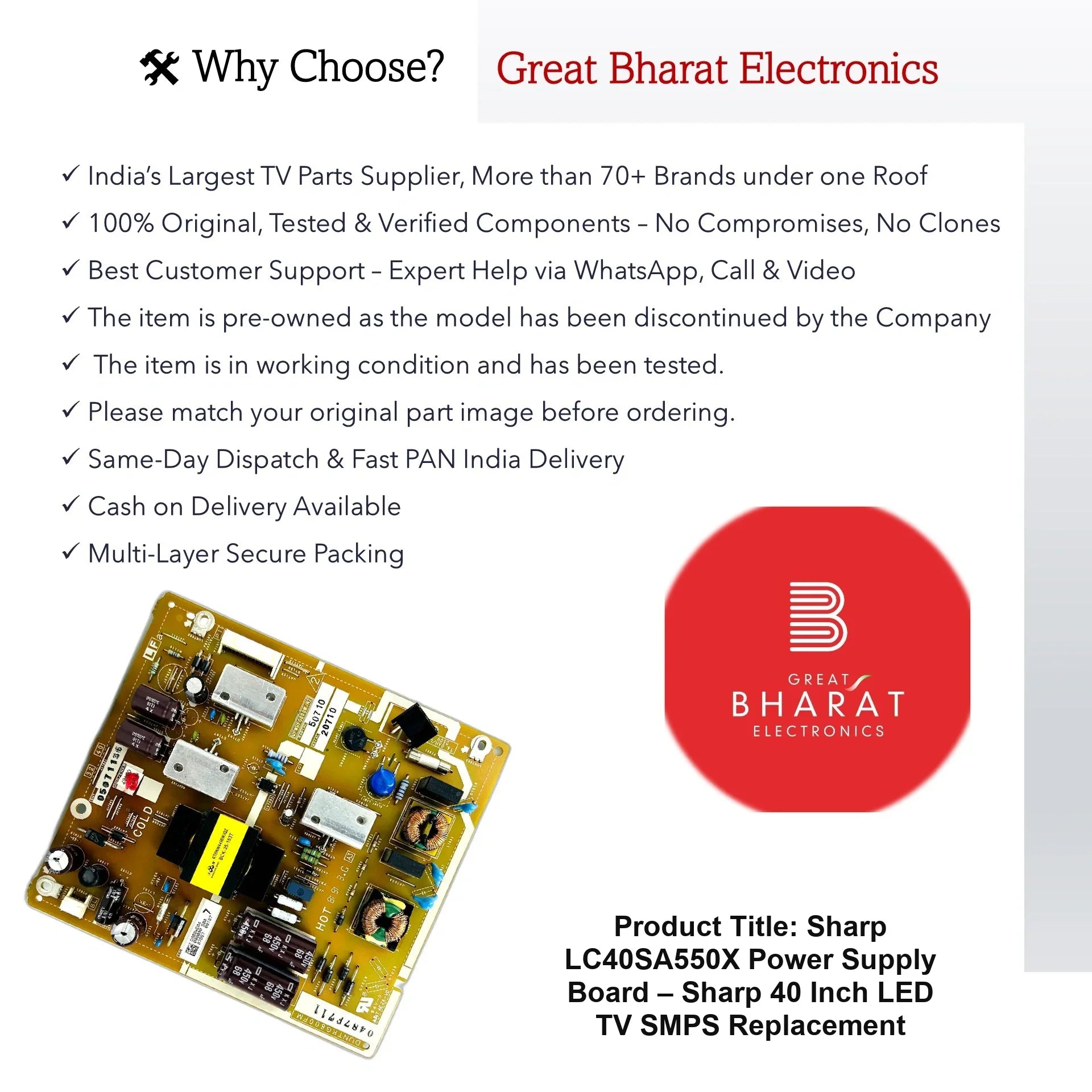 Sharp LC40SA550X Power Supply Board – Sharp 40 Inch LED TV SMPS Replacement - Great Bharat Electronics
