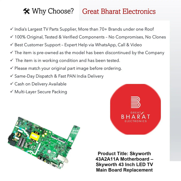 Skyworth 43A2A11A Motherboard – Skyworth 43 Inch LED TV Main Board Replacement - Great Bharat Electronics