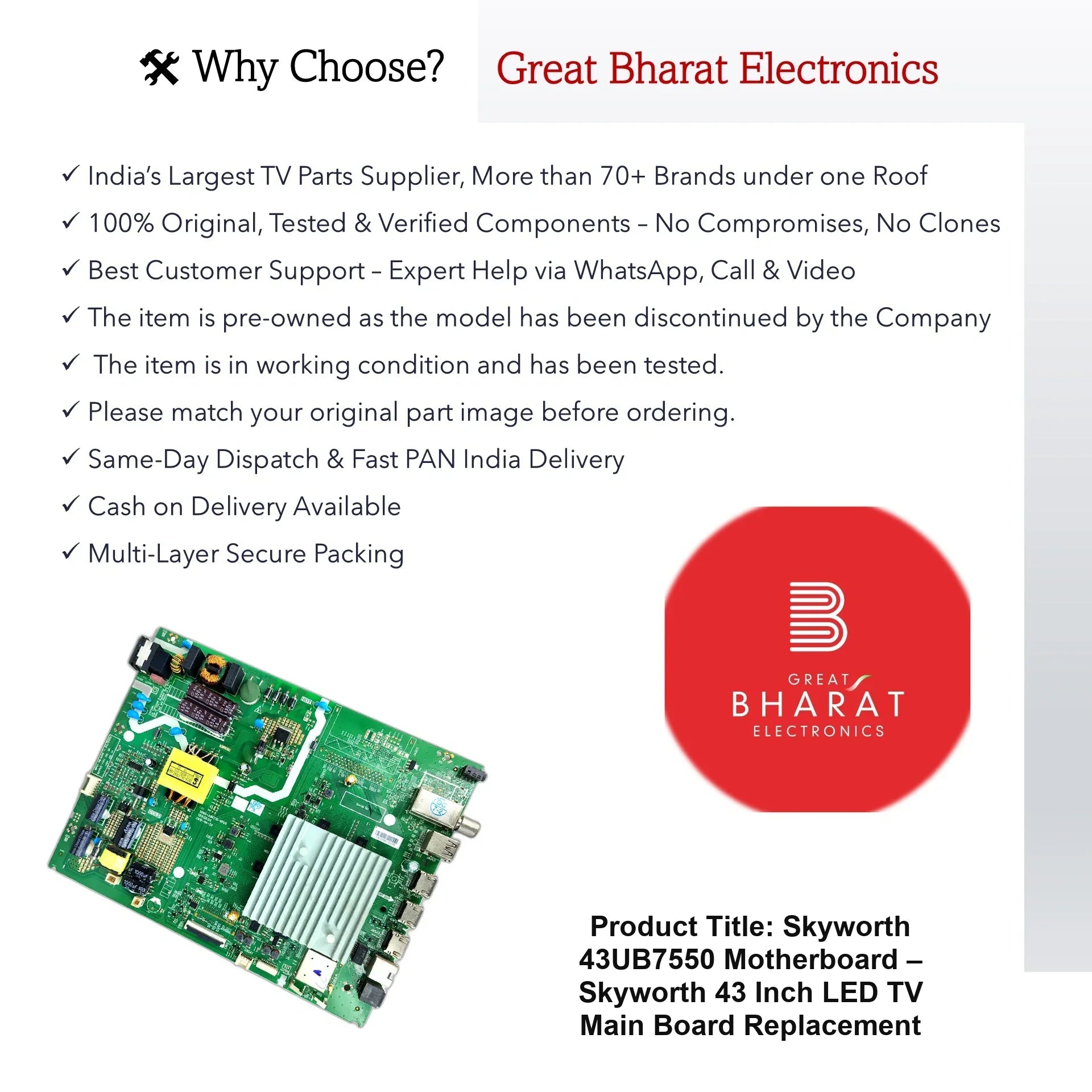 Skyworth 43UB7550 Motherboard – Skyworth 43 Inch LED TV Main Board Replacement - Great Bharat Electronics