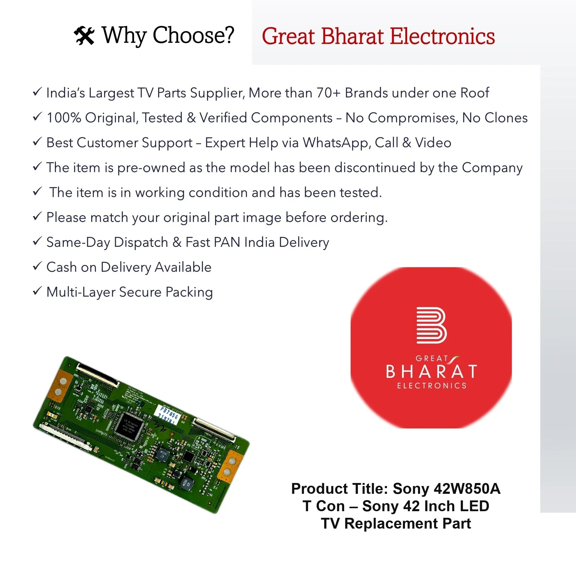 Sony 42W850A T-Con Board – Sony 42 Inch LED TV Replacement Part - Great Bharat Electronics