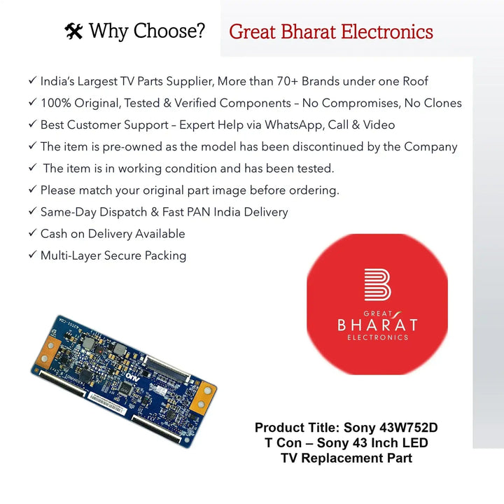 Sony 43W752D T-Con Board – Sony 43 Inch LED TV Replacement Part - Great Bharat Electronics