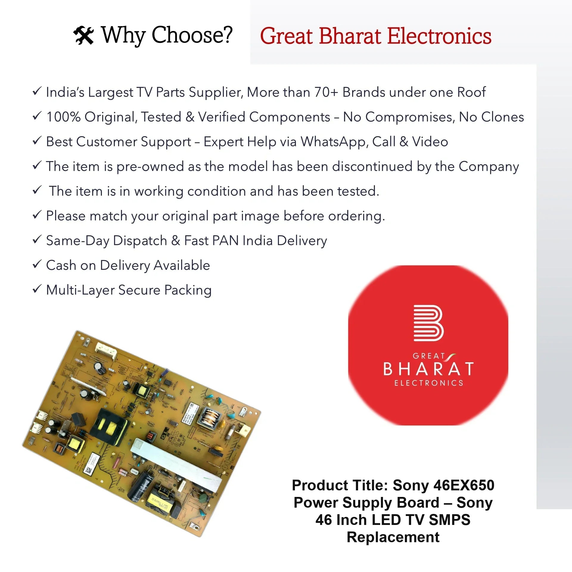 Sony 46EX650 Power Supply Board – Sony 46 Inch LED TV SMPS Replacement - Great Bharat Electronics