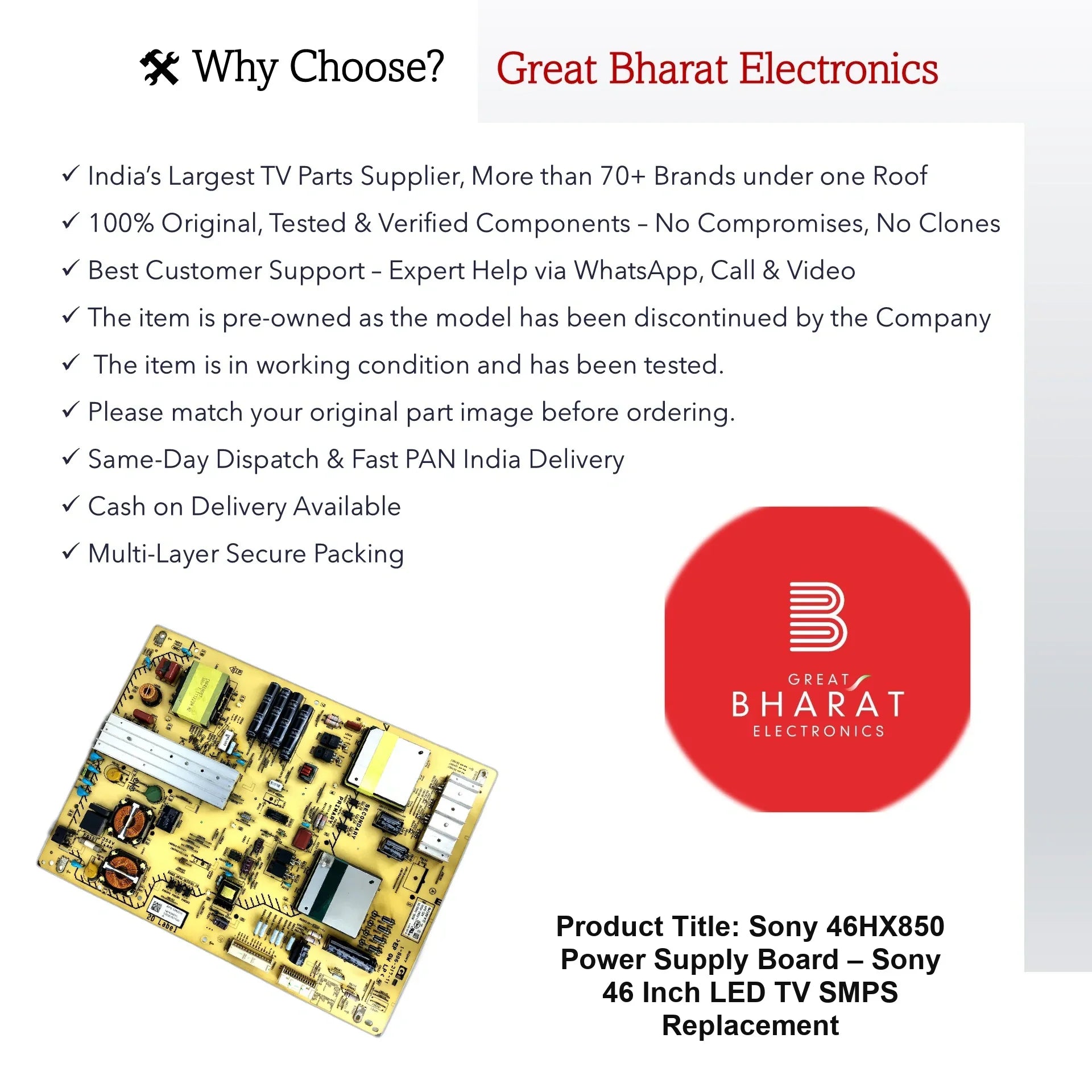 Sony 46HX850 Power Supply Board – Sony 46 Inch LED TV SMPS Replacement - Great Bharat Electronics