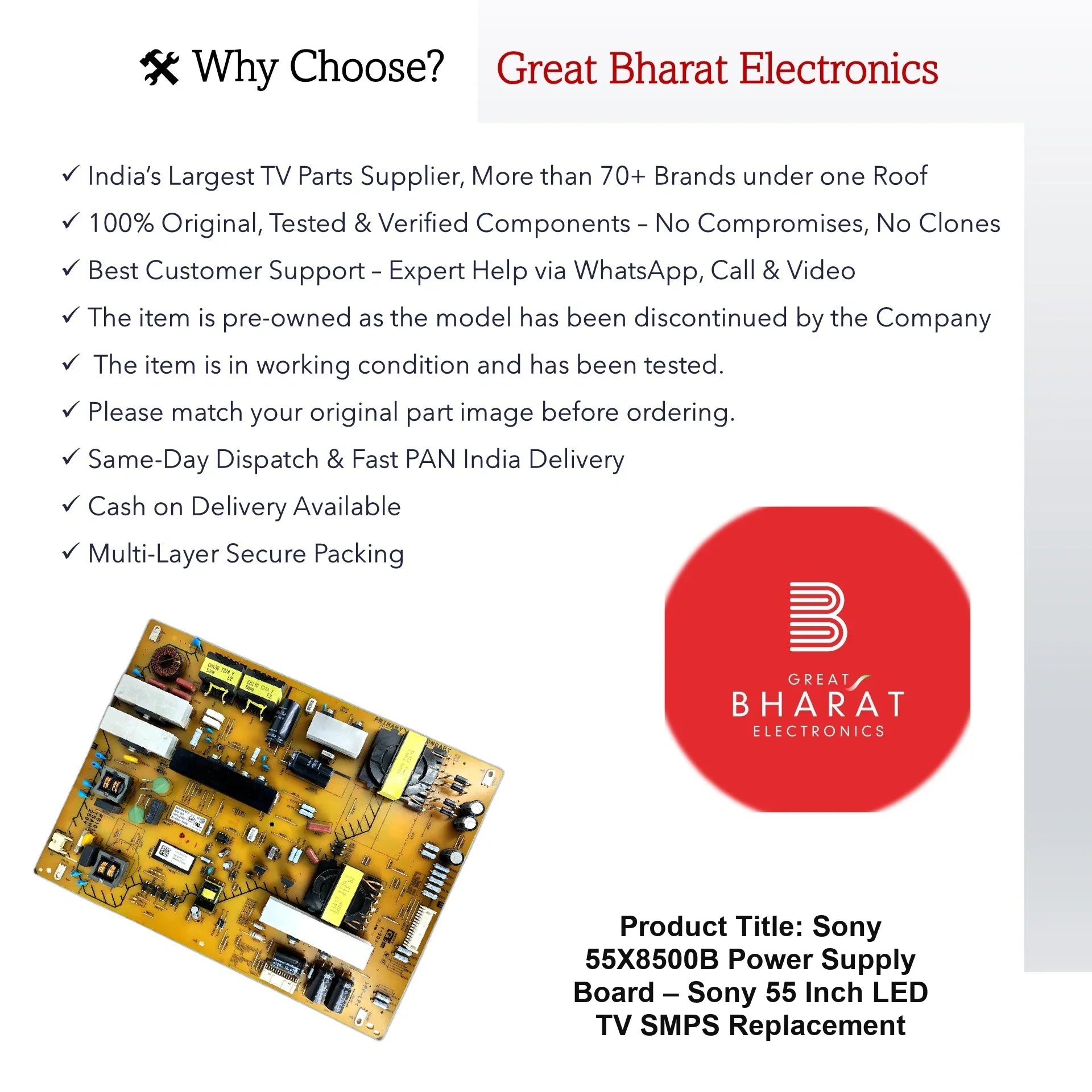 Sony 55X8500B Power Supply Board – Sony 55 Inch LED TV SMPS Replacement - Great Bharat Electronics