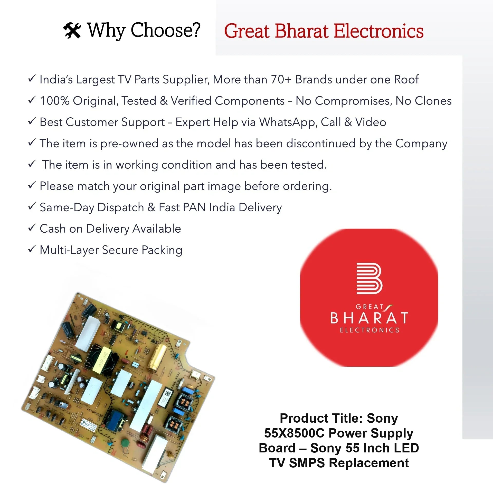 Sony 55X8500C Power Supply Board – Sony 55 Inch LED TV SMPS Replacement - Great Bharat Electronics