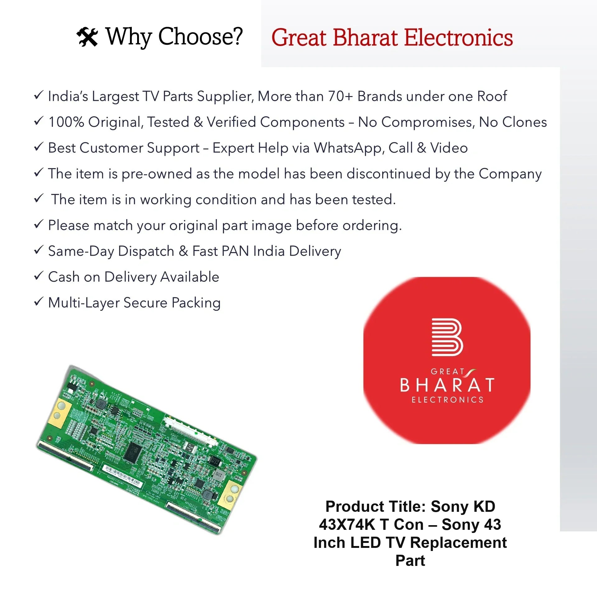 Sony KD 43X74K T-Con Board – Sony 43 Inch LED TV Replacement Part - Great Bharat Electronics