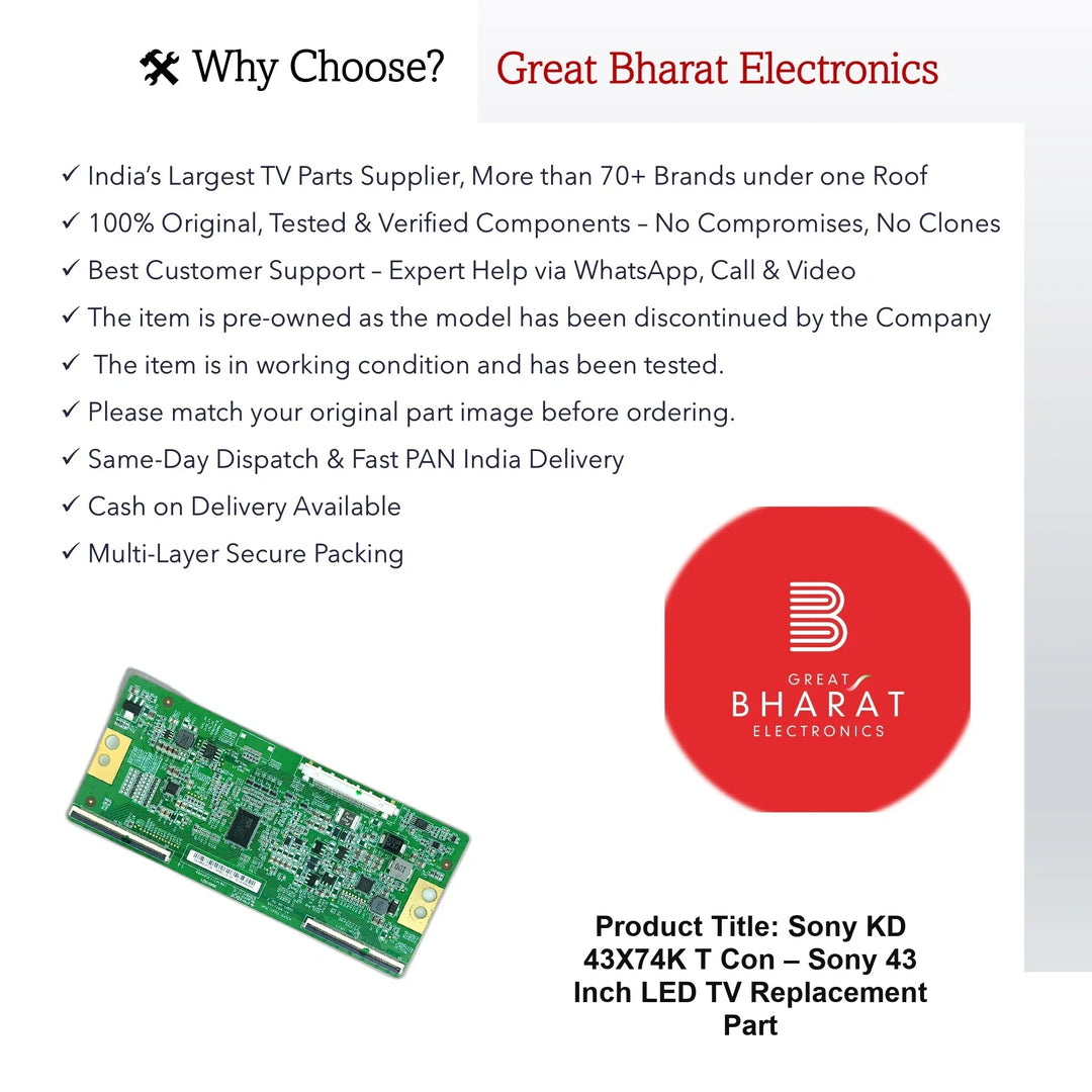 Sony KD 43X74K T-Con Board – Sony 43 Inch LED TV Replacement Part - Great Bharat Electronics