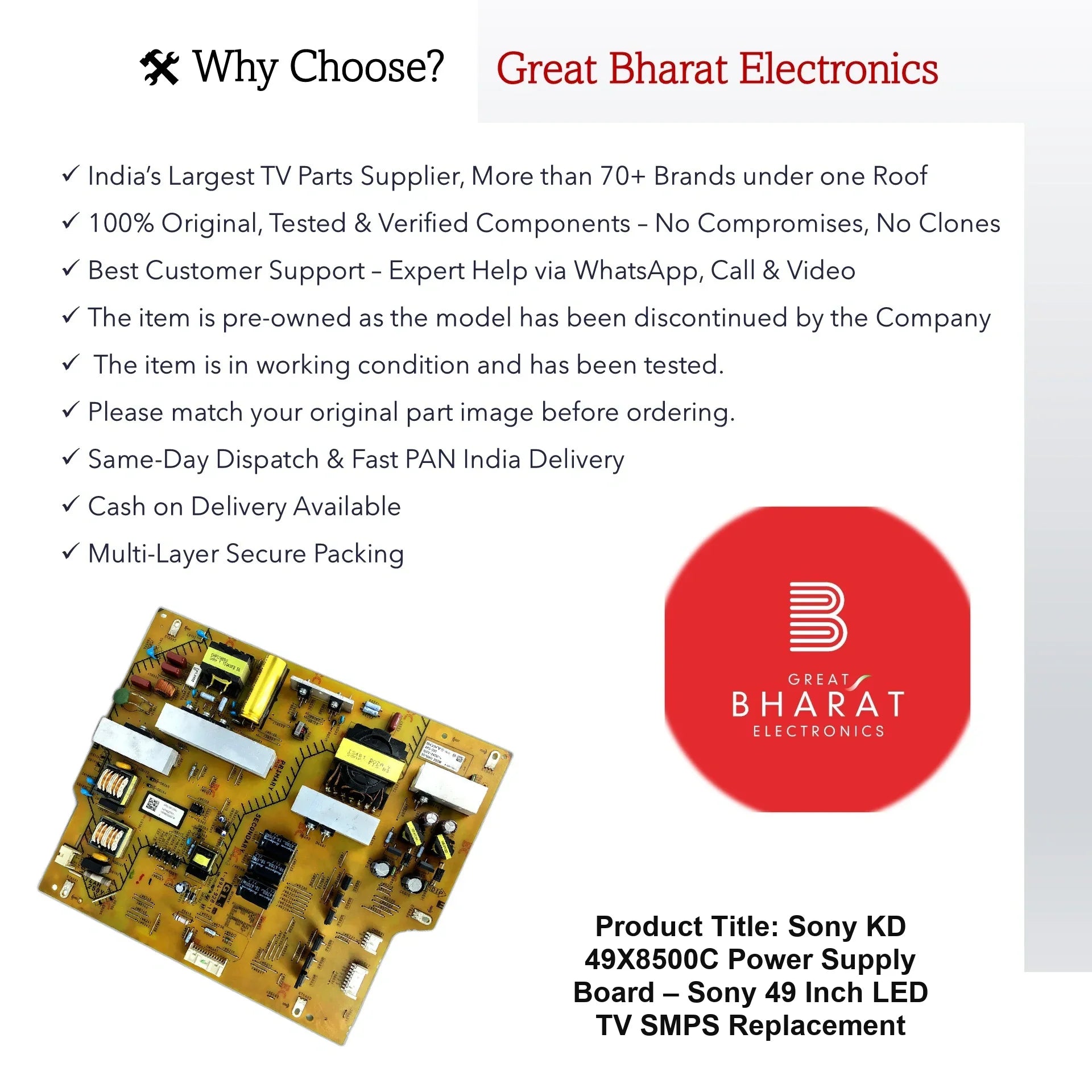 Sony KD 49X8500C Power Supply Board – Sony 49 Inch LED TV SMPS Replacement - Great Bharat Electronics