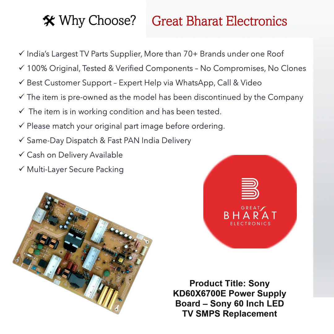 Sony KD60X6700E Power Supply Board – Sony 60 Inch LED TV SMPS Replacement - Great Bharat Electronics