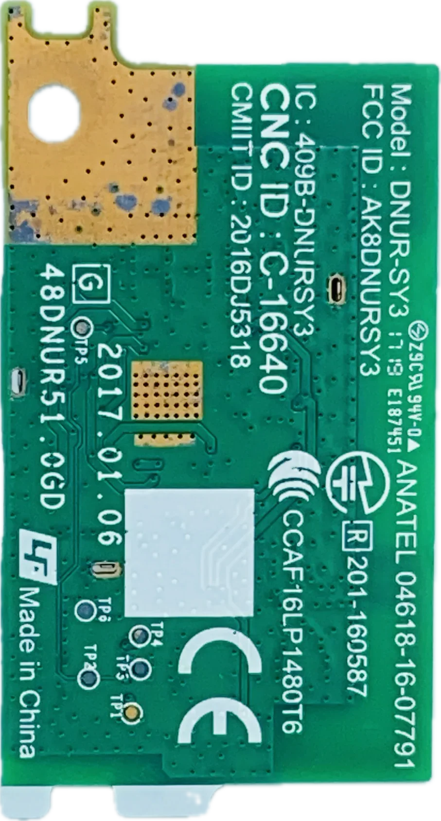 Green LED TV motherboard with model DNUR-SY3, compatible with Samsung, LG, Sony, featuring IC and FCC ID details.