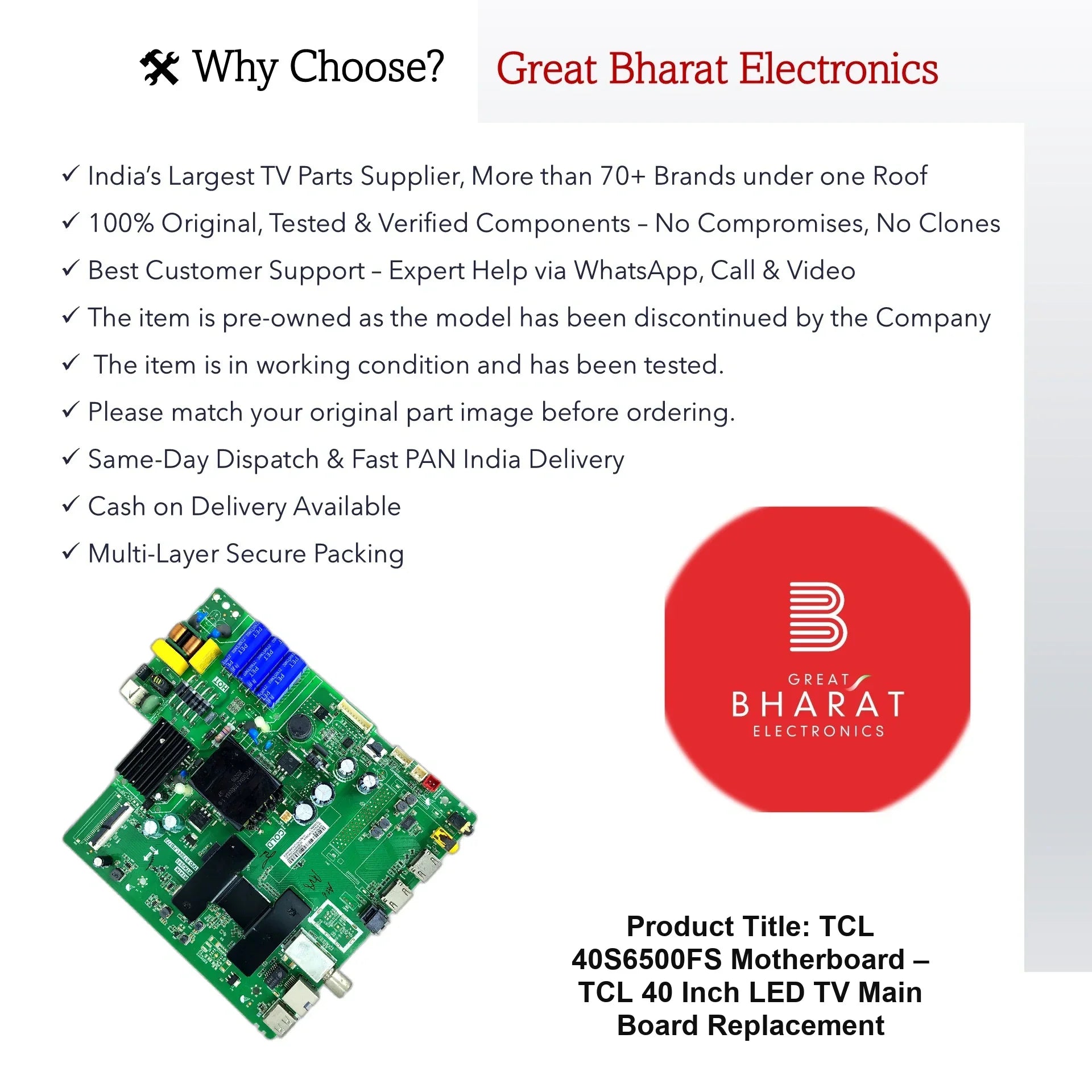 TCL 40S6500FS Motherboard – TCL 40 Inch LED TV Main Board Replacement - Great Bharat Electronics