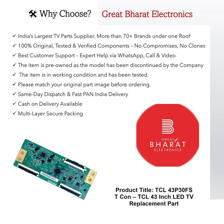 TCL 43P30FS T-Con Board – TCL 43 Inch LED TV Replacement Part - Great Bharat Electronics