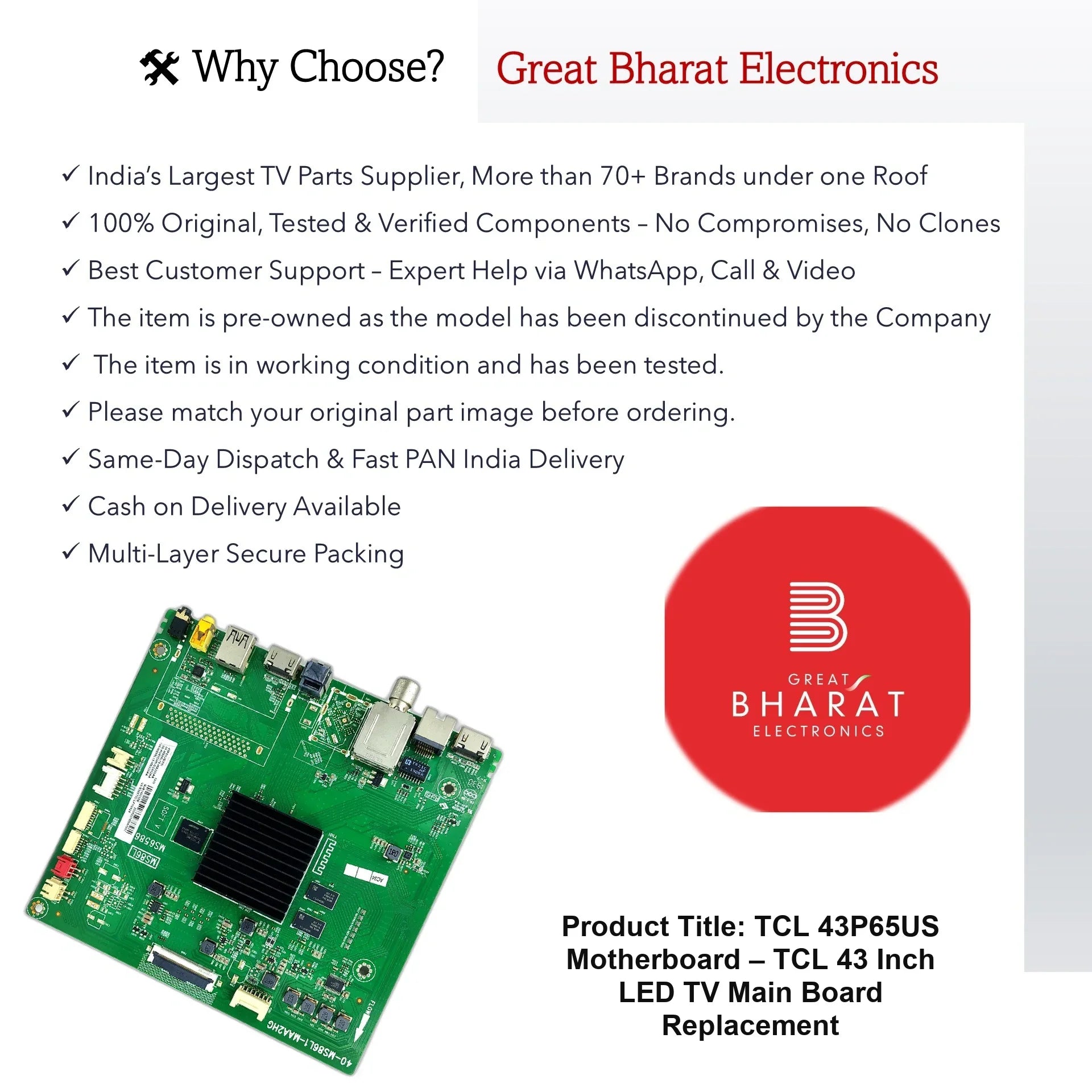 TCL 43P65US Motherboard – TCL 43 Inch LED TV Main Board Replacement - Great Bharat Electronics