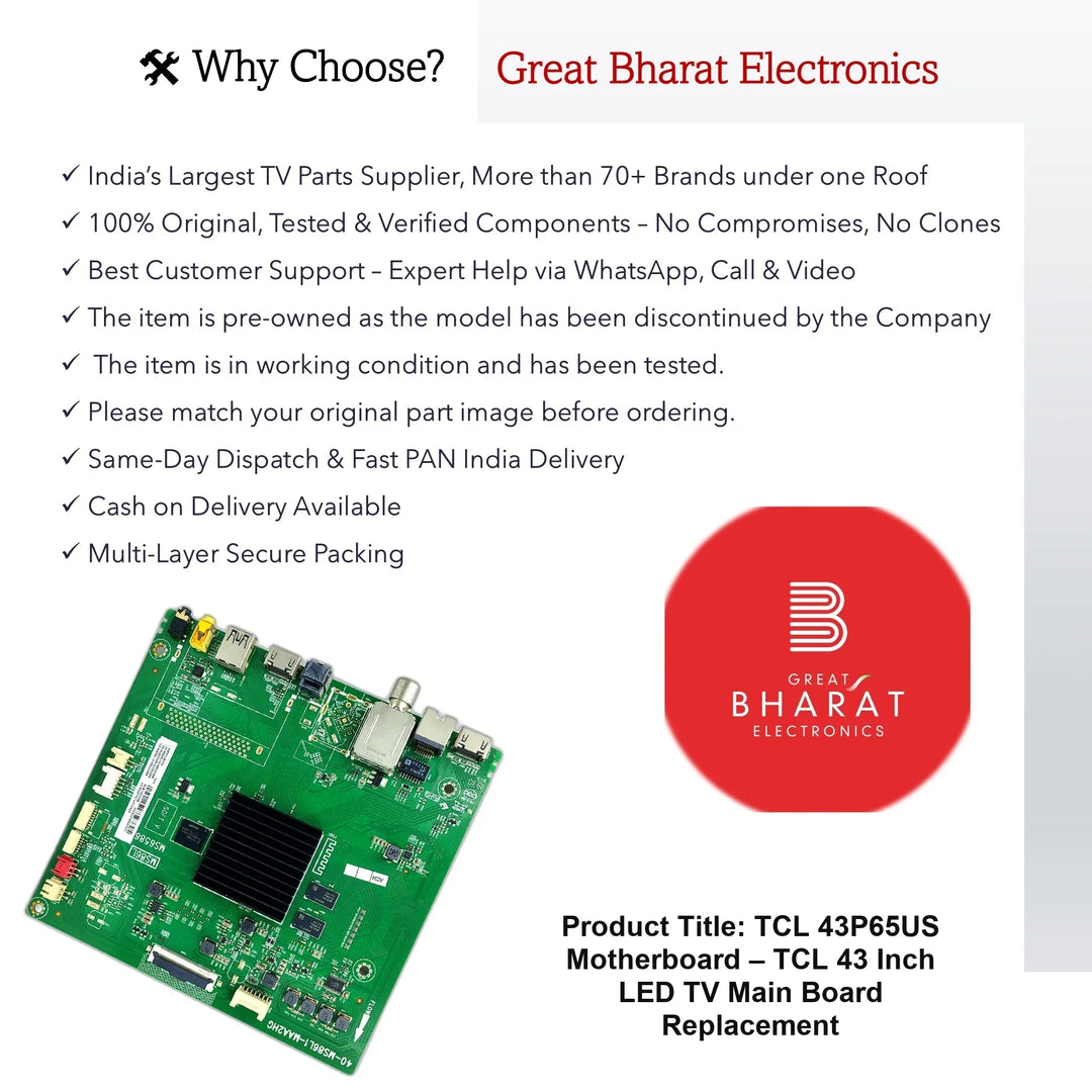 TCL 43P65US Motherboard – TCL 43 Inch LED TV Main Board Replacement - Great Bharat Electronics