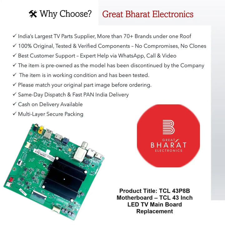 TCL 43P8B மதர்போர்டு – TCL 43 அங்குலம் LED TV பிரதான பலகை மாற்றுதல் - Great Bharat Electronics