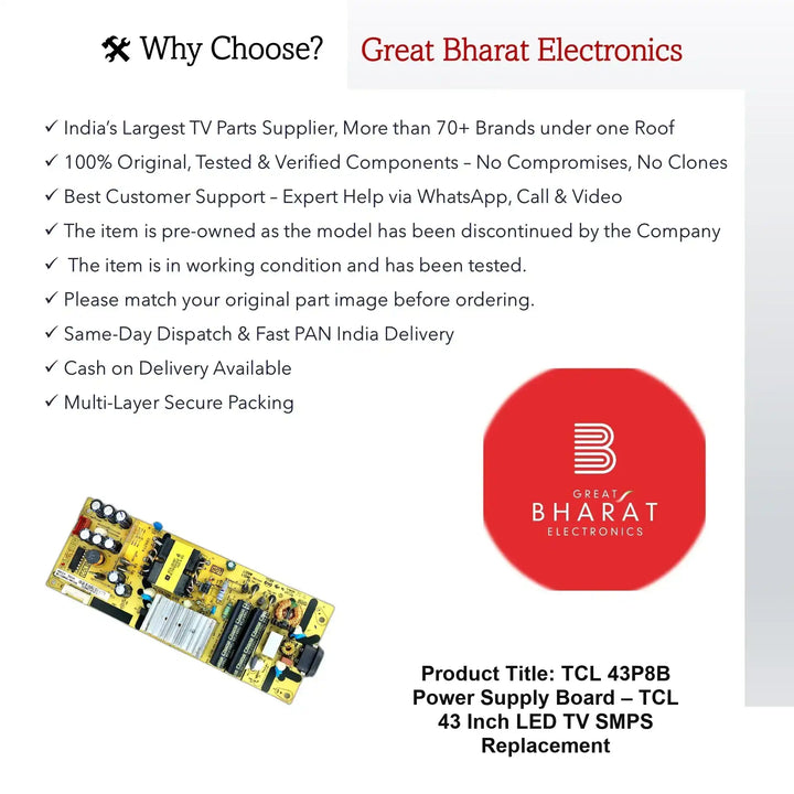 TCL 43P8B Power Supply Board – TCL 43 Inch LED TV SMPS Replacement - Great Bharat Electronics