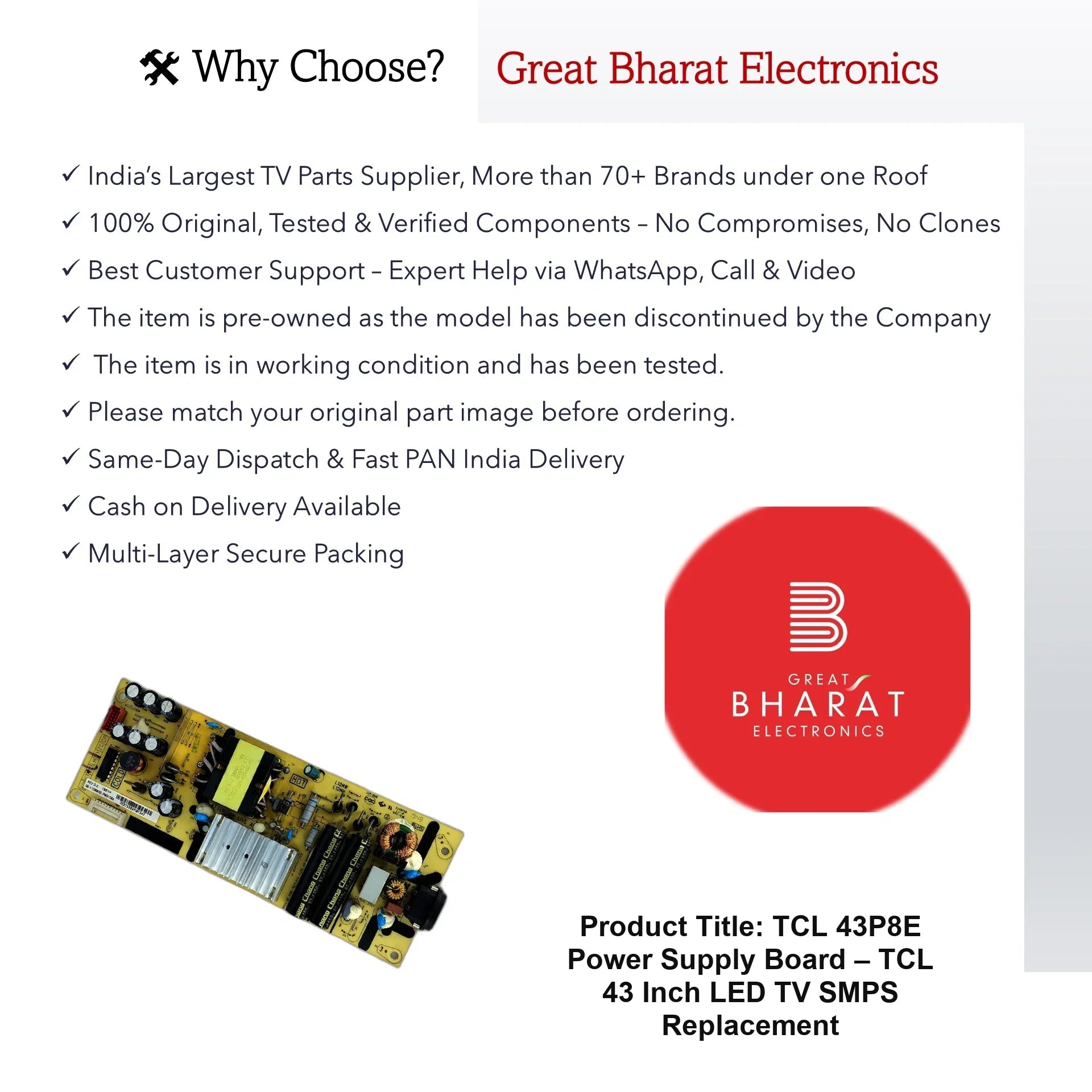 TCL 43P8E Power Supply Board – TCL 43 Inch LED TV SMPS Replacement - Great Bharat Electronics