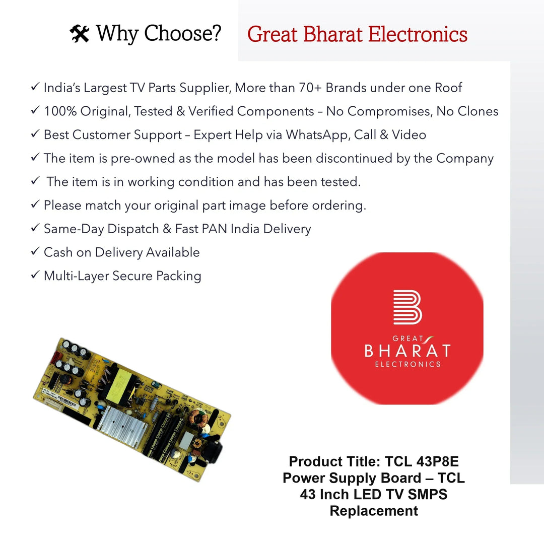 TCL 43P8E Power Supply Board – TCL 43 Inch LED TV SMPS Replacement - Great Bharat Electronics