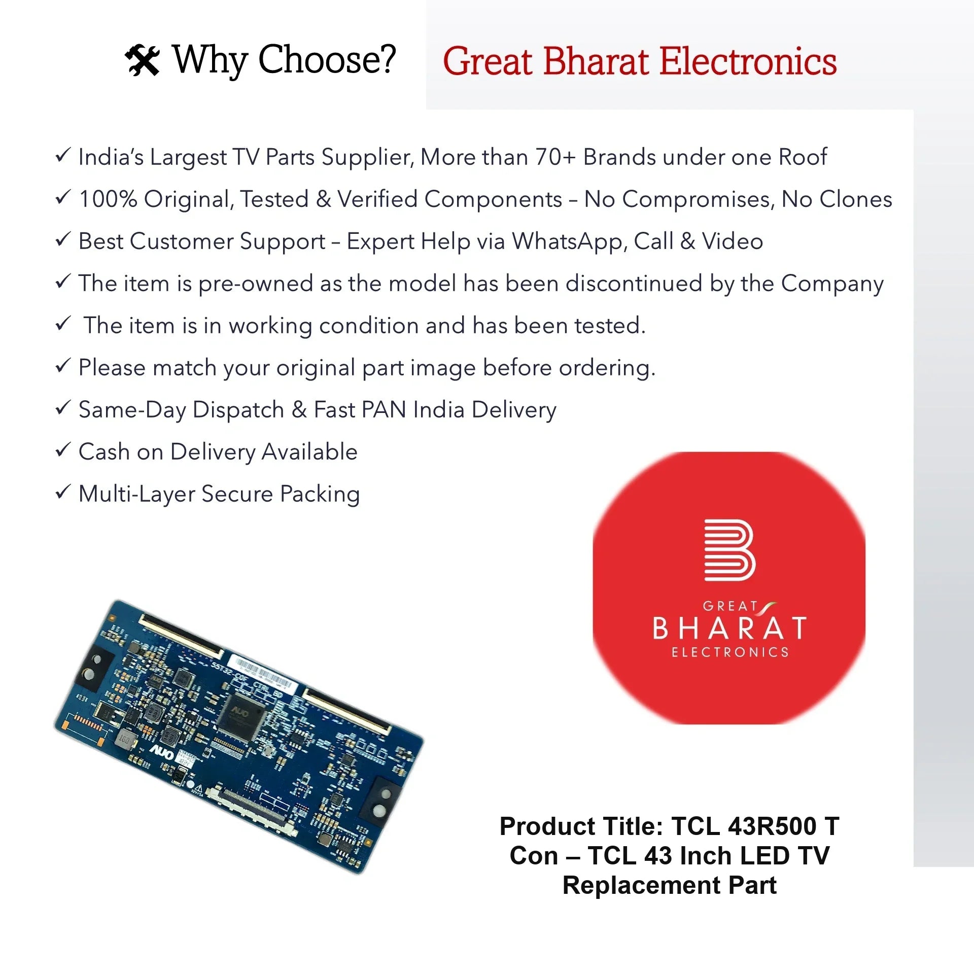 TCL 43R500 T-Con Board – TCL 43 Inch LED TV Replacement Part - Great Bharat Electronics