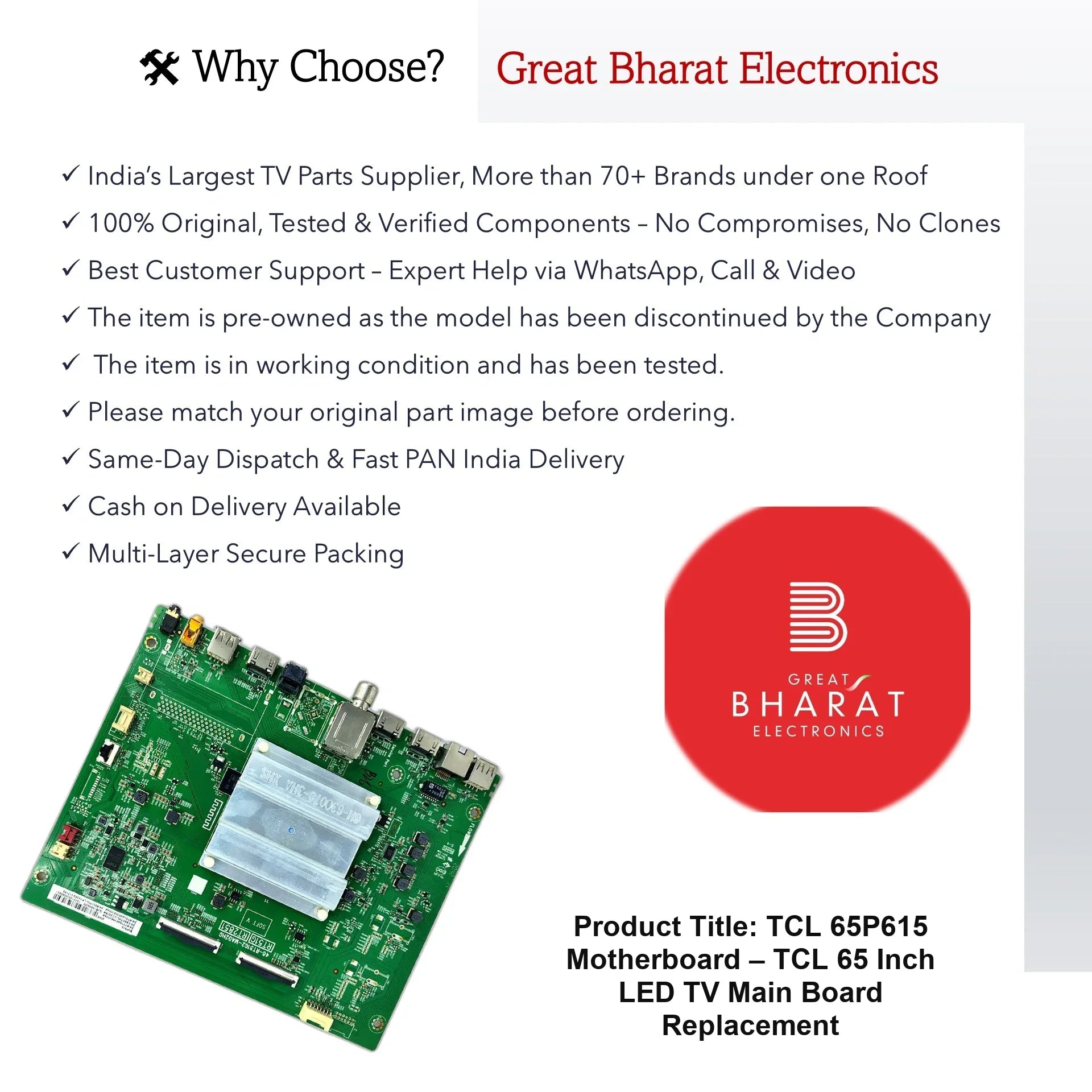 TCL 65P615 Motherboard – TCL 65 Inch LED TV Main Board Replacement - Great Bharat Electronics
