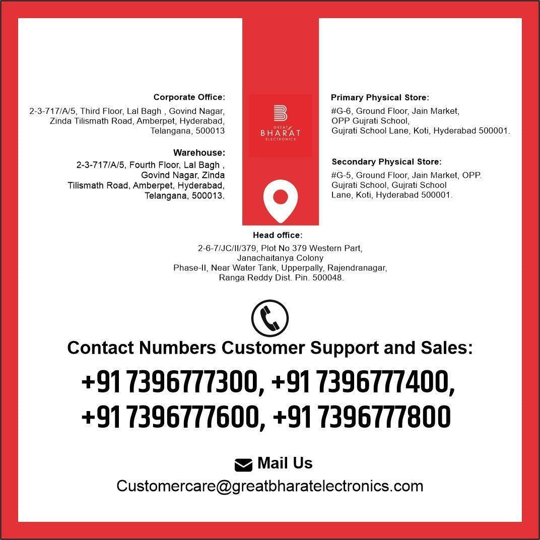 Great Bharat Electronics contact info with corporate, warehouse, sales, and store addresses in Hyderabad