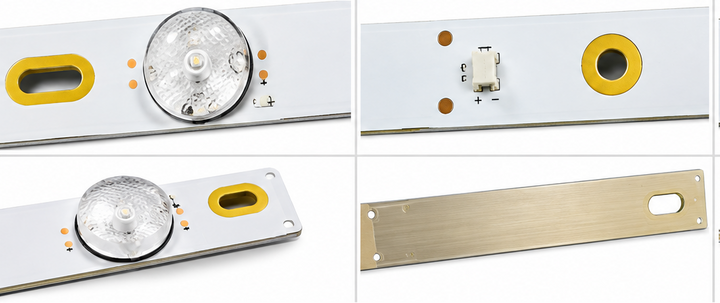 Thomson 40FHDXSMART LED backlight strips showing LED lens, connector, mounting holes and printed markings