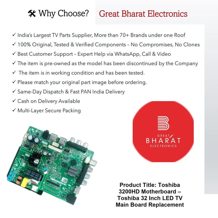 Toshiba 3200HD Motherboard – Toshiba 32 Inch LED TV Main Board Replacement - Great Bharat Electronics