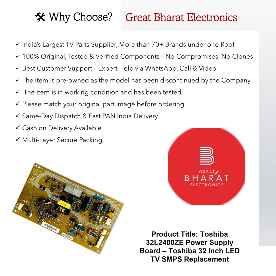 Toshiba 32L2400ZE Power Supply Board – Toshiba 32 Inch LED TV SMPS Replacement - Great Bharat Electronics