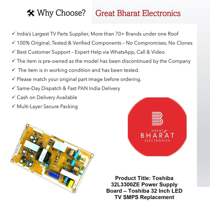 Toshiba 32L3300ZE पावर सप्लाई बोर्ड – Toshiba 32 इंच LED TV SMPS प्रतिस्थापन - Great Bharat Electronics