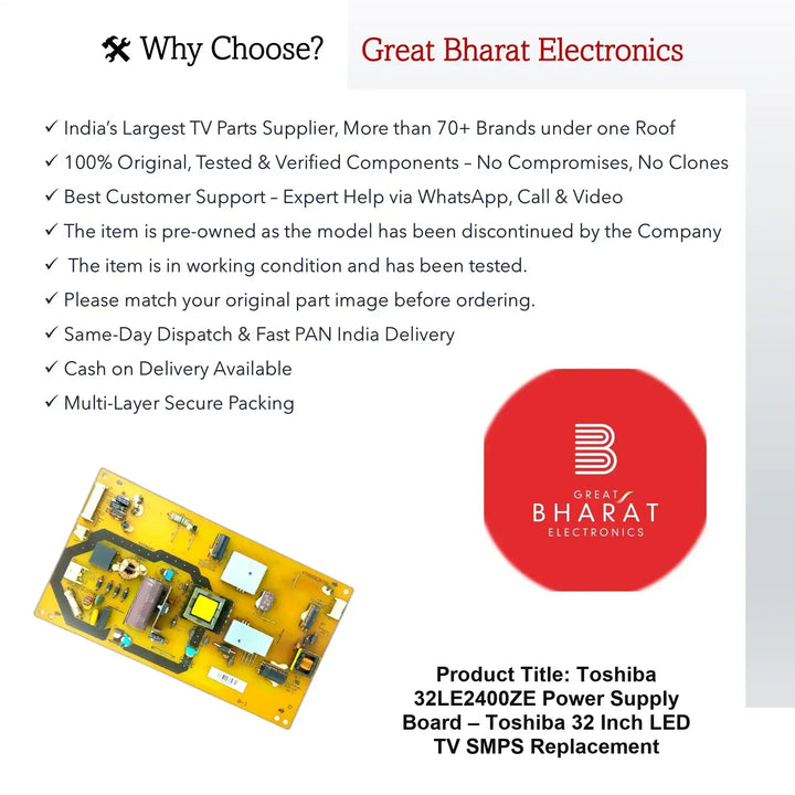 Toshiba 32LE2400ZE Power Supply Board – Toshiba 32 Inch LED TV SMPS Replacement - Great Bharat Electronics