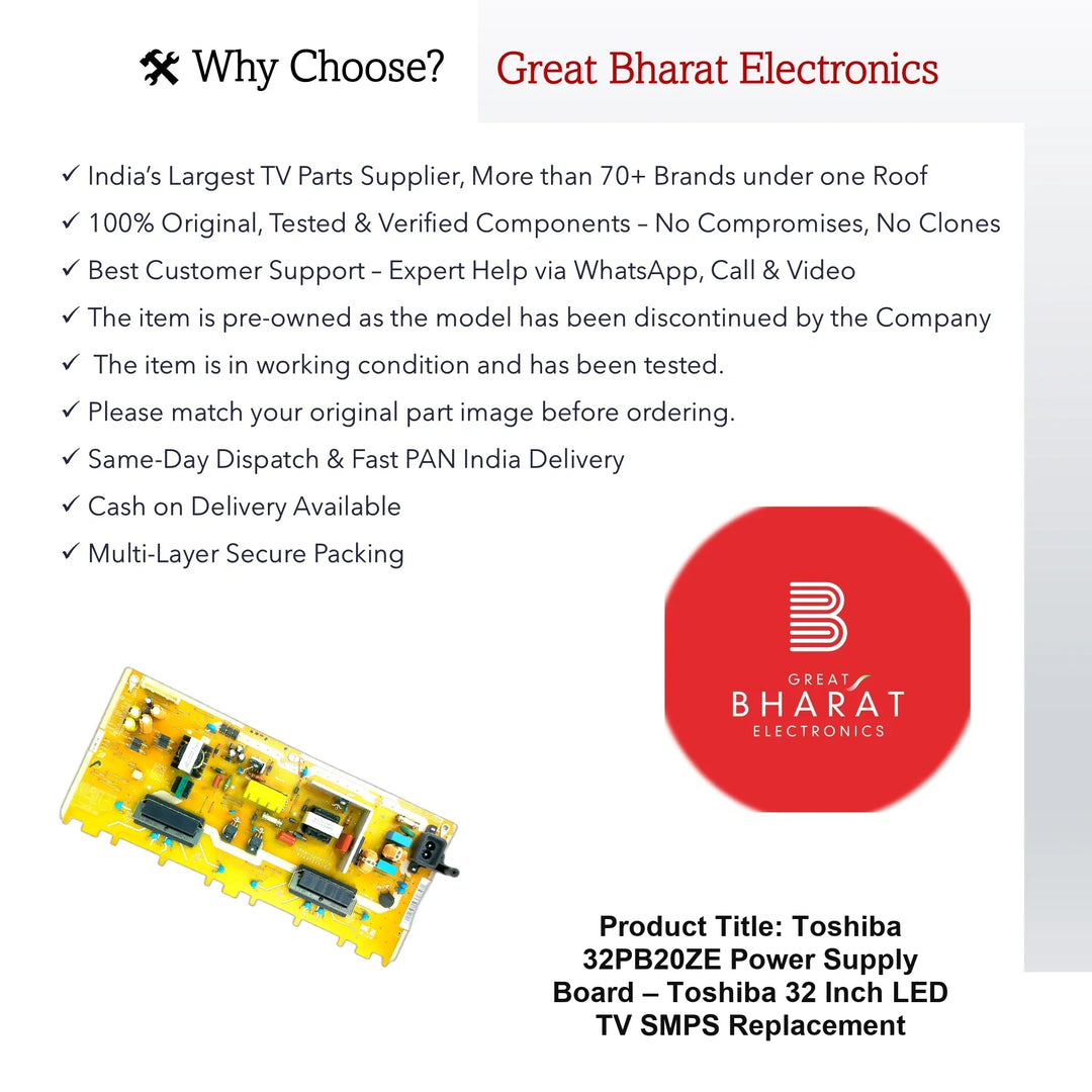 Toshiba 32PB20ZE Power Supply Board – Toshiba 32 Inch LED TV SMPS Replacement - Great Bharat Electronics