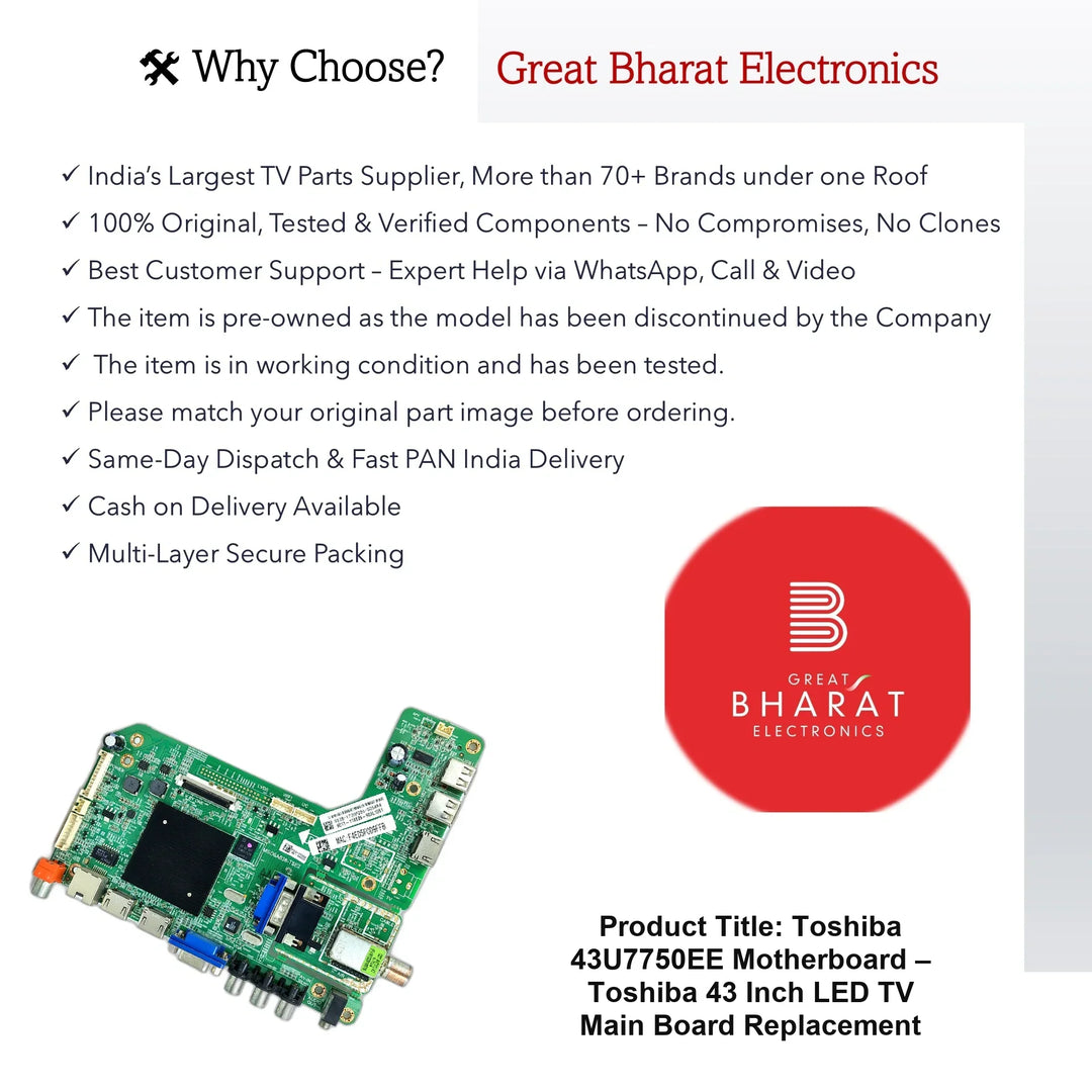 Toshiba 43U7750EE Motherboard – Toshiba 43 Inch LED TV Main Board Replacement - Great Bharat Electronics