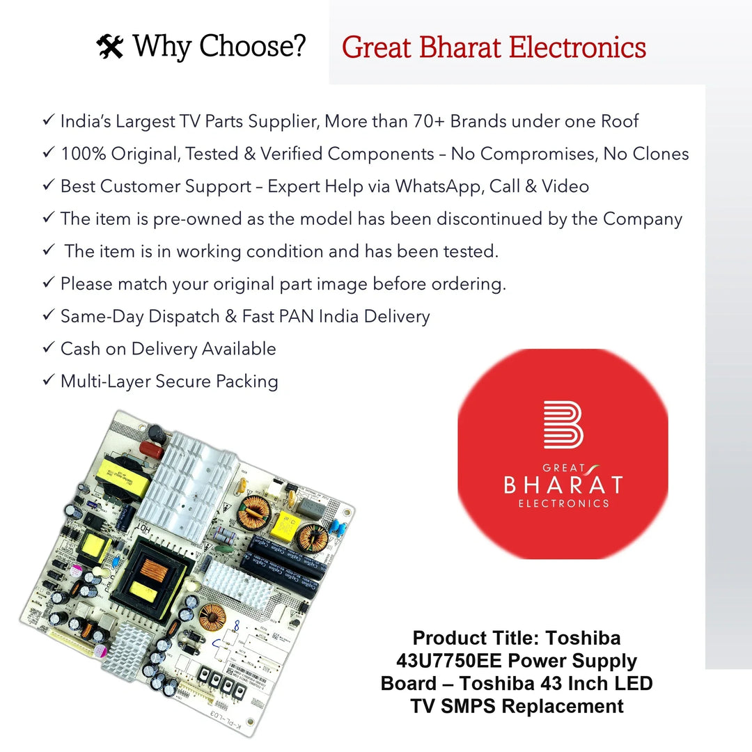 Toshiba 43U7750EE Power Supply Board – Toshiba 43 Inch LED TV SMPS Replacement - Great Bharat Electronics