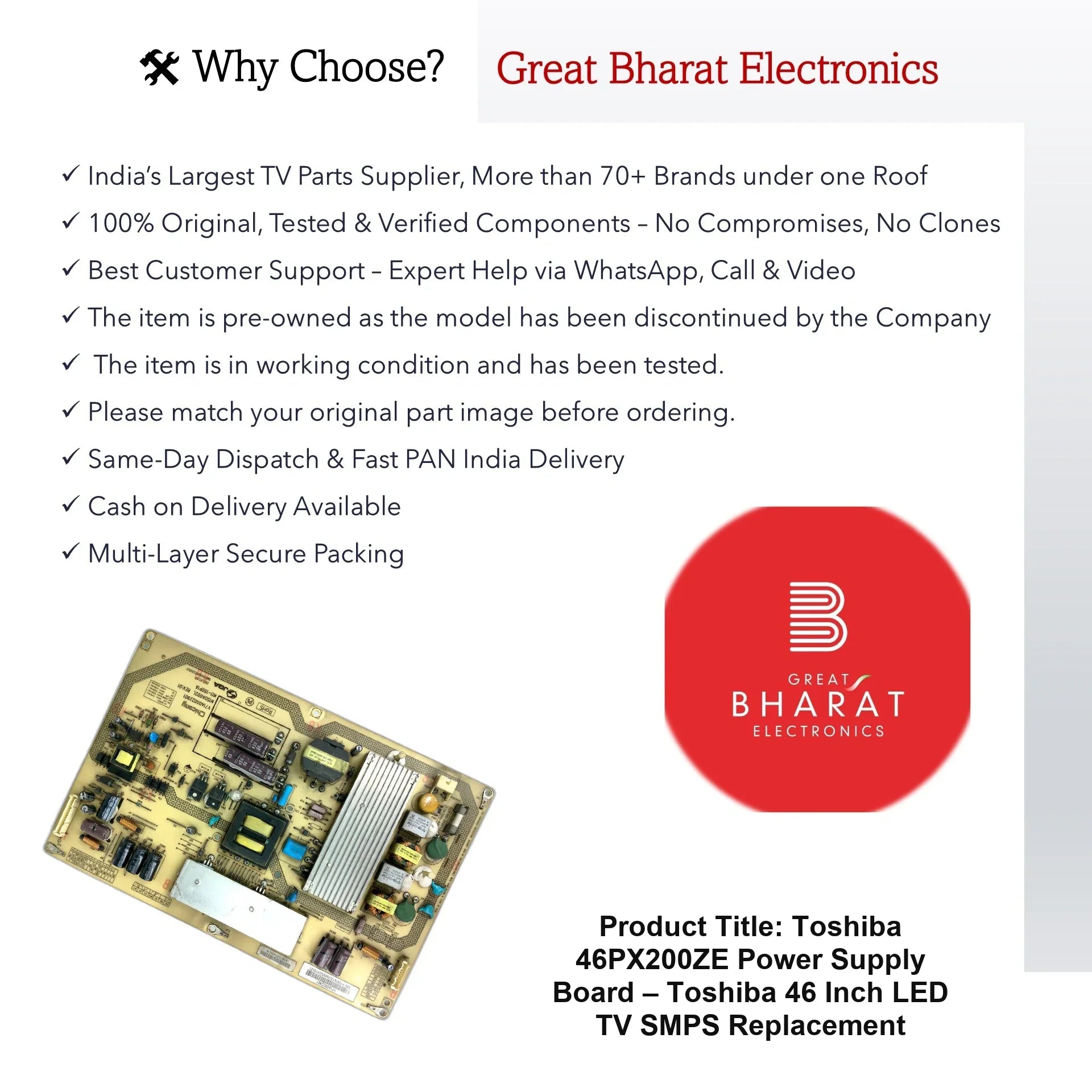 Toshiba 46PX200ZE Power Supply Board – Toshiba 46 Inch LED TV SMPS Replacement - Great Bharat Electronics
