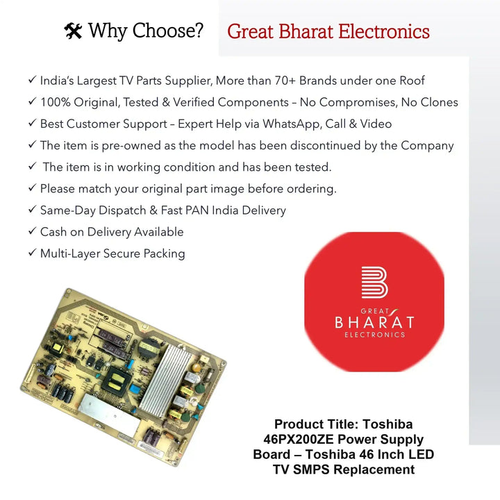 Toshiba 46PX200ZE पावर सप्लाई बोर्ड – Toshiba 46 इंच LED TV SMPS प्रतिस्थापन - Great Bharat Electronics