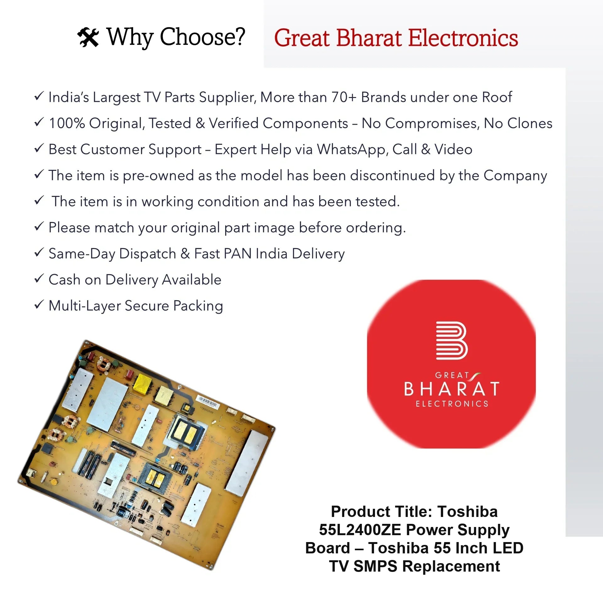 Toshiba 55L2400ZE Power Supply Board – Toshiba 55 Inch LED TV SMPS Replacement - Great Bharat Electronics