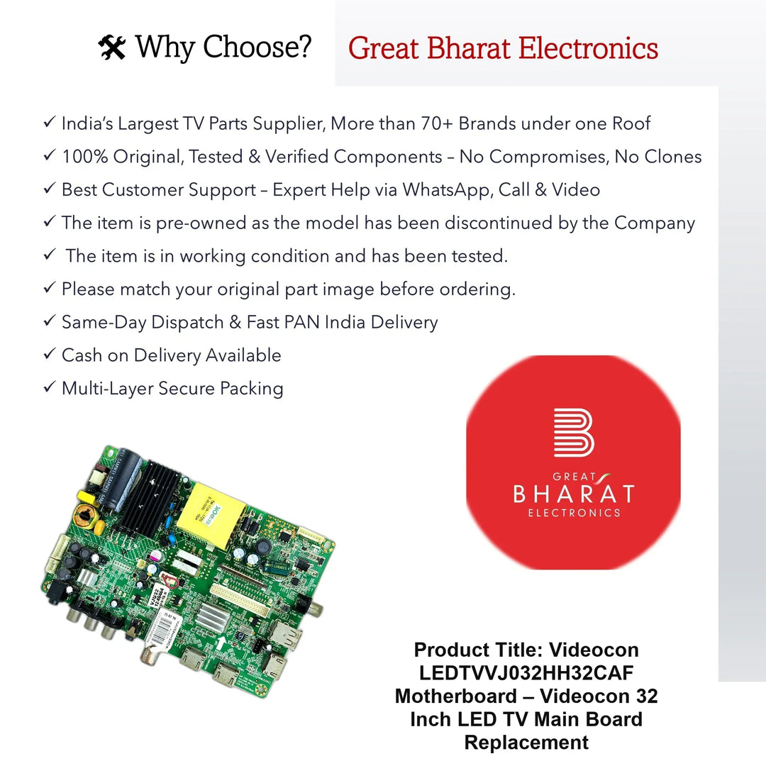 Videocon LEDTVVJ032HH32CAF Motherboard – Videocon 32 Inch LED TV Main Board Replacement - Great Bharat Electronics
