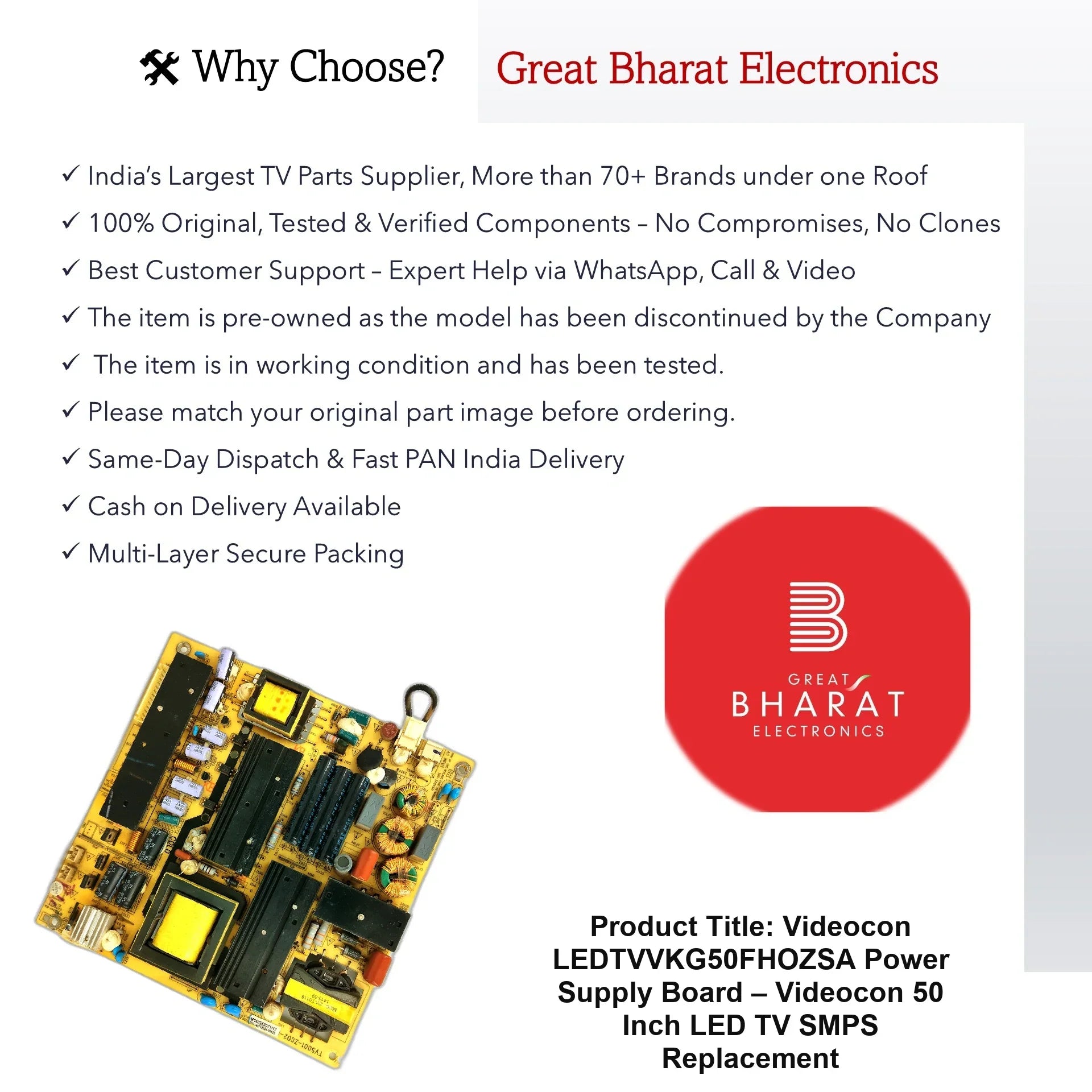 Videocon LEDTVVKG50FHOZSA Power Supply Board – Videocon 50 Inch LED TV SMPS Replacement - Great Bharat Electronics