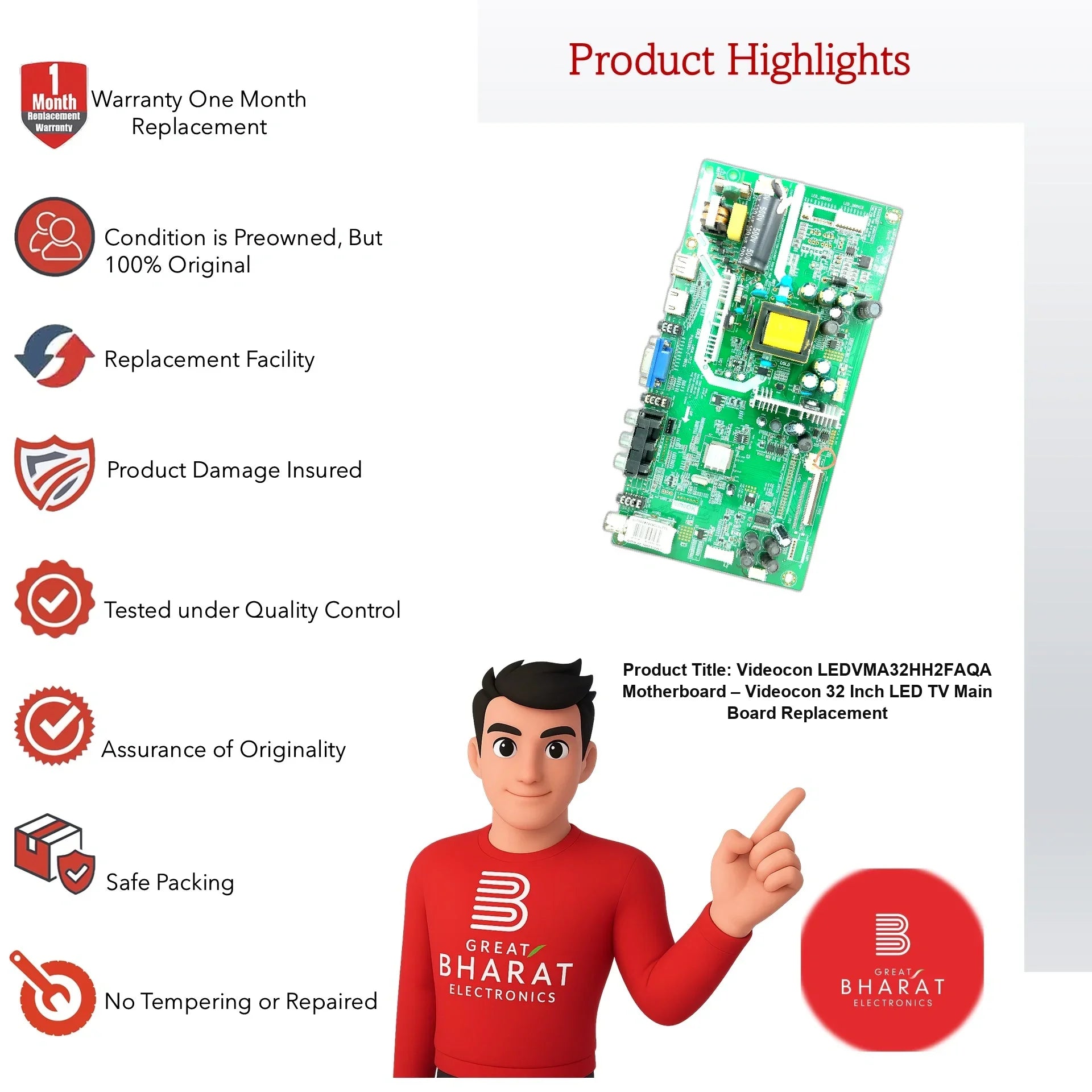 Videocon LEDVMA32HH2FAQA Motherboard – Videocon 32 Inch LED TV Main Board Replacement - Great Bharat Electronics