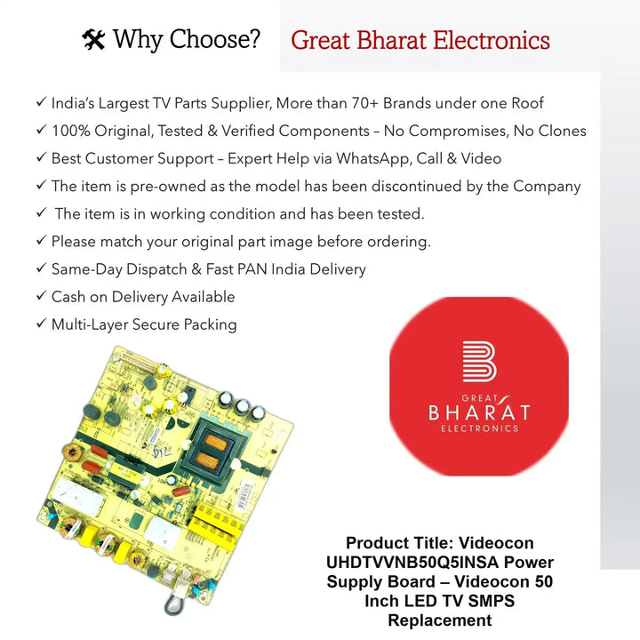 Videocon UHDTVVNB50Q5INSA Power Supply Board – Videocon 50 Inch LED TV SMPS Replacement - Great Bharat Electronics