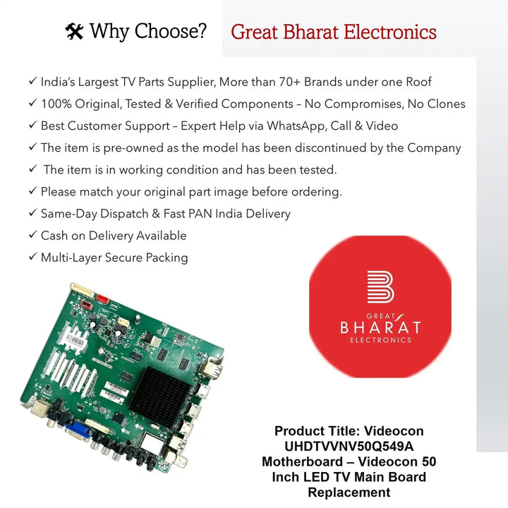 Videocon UHDTVVNV50Q549A Motherboard – Videocon 50 Inch LED TV Main Board Replacement - Great Bharat Electronics